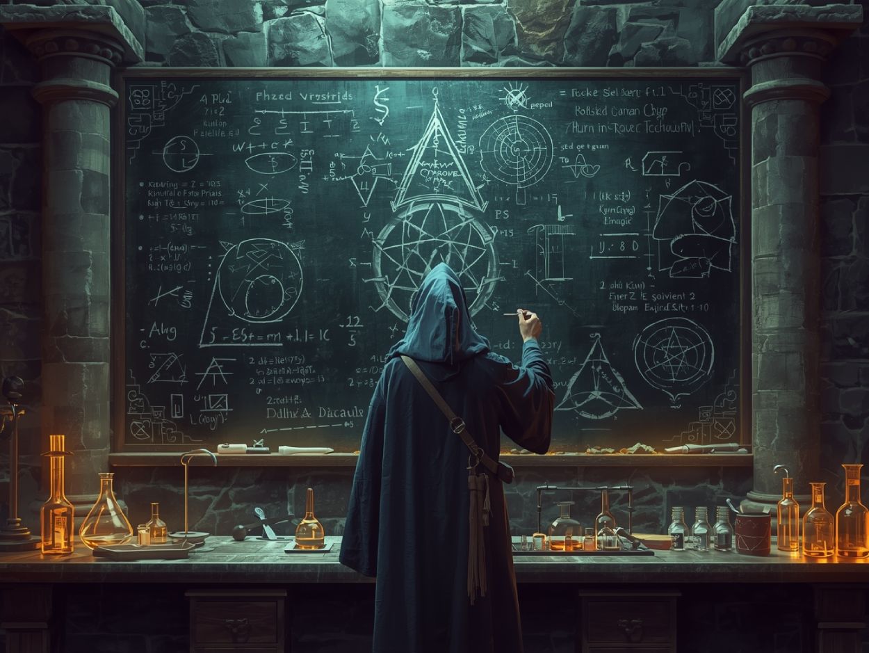 Ein Zauberer notiert Formeln und Symbole auf einer gewaltigen Tafel voller Runen und Gleichungen – Sinnbild für Hard Magic als streng geregeltes System.