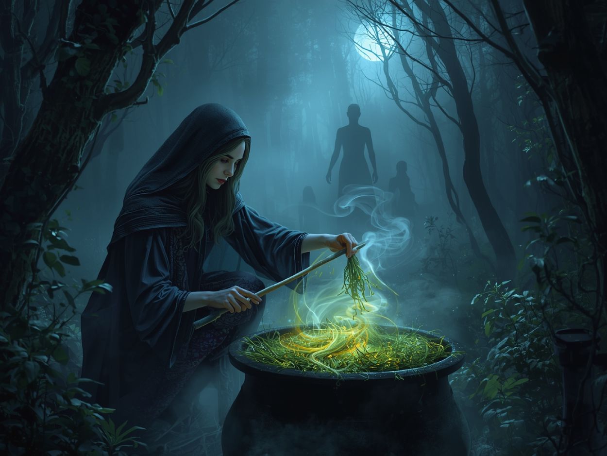 Eine Zauberin rührt in einem Kessel voller Nebel und leuchtender Kräuter – Sinnbild für Soft Magic als geheimnisvolles Mysterium.