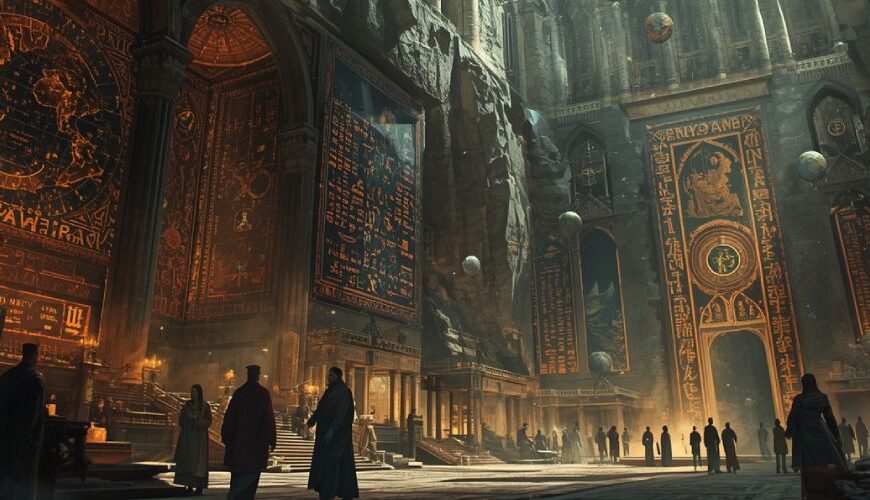 Eine monumentale Kathedrale voller Runen, Karten und schwebender Himmelskugeln – Sinnbild für den Weltenbau als schöpferische Disziplin.