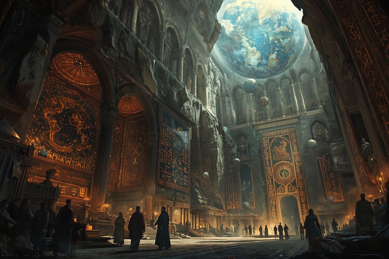 Eine monumentale Kathedrale voller Runen, Karten und schwebender Himmelskugeln – Sinnbild für den Weltenbau als schöpferische Disziplin.