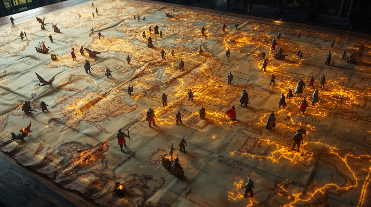 Eine riesige Fantasy-Karte, über die Figuren, Drachen und Schiffe wandern – Sinnbild für Weltenbau als lebendige Bühne.