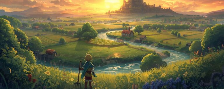 A serene yet surreal fantasy farming village at sunrise, surrounded by lush fields and sparkling rivers. In the distance, an ancient castle rises above the landscape. A young hero stands in the foreground, holding a pitchfork like a sword, watching the sun climb over the valley. Painterly anime style, golden light, 16:9 format, no text in the image.