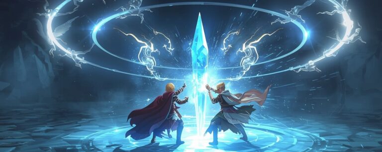 Zwei Helden stehen einander auf einem kristallenen Schlachtfeld gegenüber, umgeben von leuchtenden Runen – Symbolbild für die mögliche Rückkehr des rundenbasierten Kampfsystems in Final Fantasy.