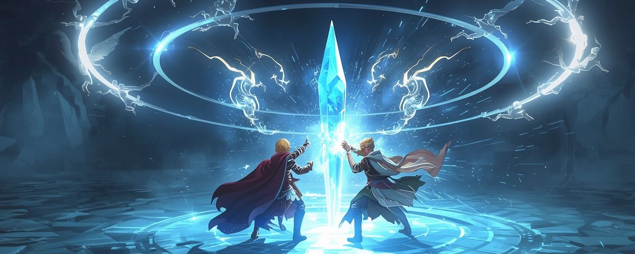 Zwei Helden stehen einander auf einem kristallenen Schlachtfeld gegenüber, umgeben von leuchtenden Runen – Symbolbild für die mögliche Rückkehr des rundenbasierten Kampfsystems in Final Fantasy.