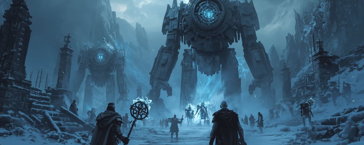 Gigantische Maschinen erheben sich aus dem Eis, während Zauberer und Krieger ihnen im Schneesturm gegenüberstehen – Symbolbild für Frosthaven: Awakening Protocol.