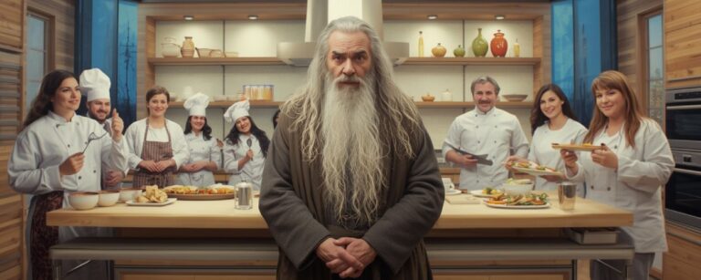 Gandalf der Graue steht verloren in einer hellen Fernsehküche, umgeben von fröhlichen TV-Köchen, die ihm völlig fremd vorkommen.