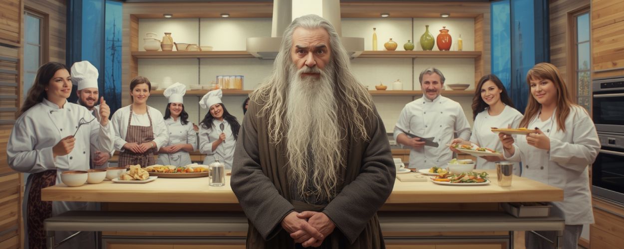 Gandalf der Graue steht verloren in einer hellen Fernsehküche, umgeben von fröhlichen TV-Köchen, die ihm völlig fremd vorkommen.