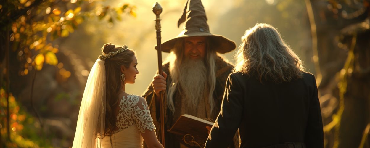 Gandalf segnet ein Brautpaar im Auenland, goldenes Licht fällt durch die Bäume, Magie und Feier mischen sich in einer fast heiligen Szene.