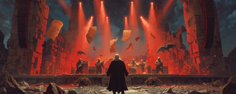 George R.R. Martin vor einer geisterhaften Rockbühne, während Nazgûl im roten Licht spielen – ein vergessenes Kapitel der Fantasygeschichte.