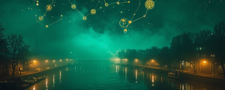 Surreale Nacht über Hamburgs Alster im Stil des Arkanen Moosverhetzers: smaragdgrüner Nebel, goldene Sternenkarte des Glücks am Himmel, schimmerndes Wasser, einsame Laternen am Ufer. Das Licht scheint falsch zu lächeln.