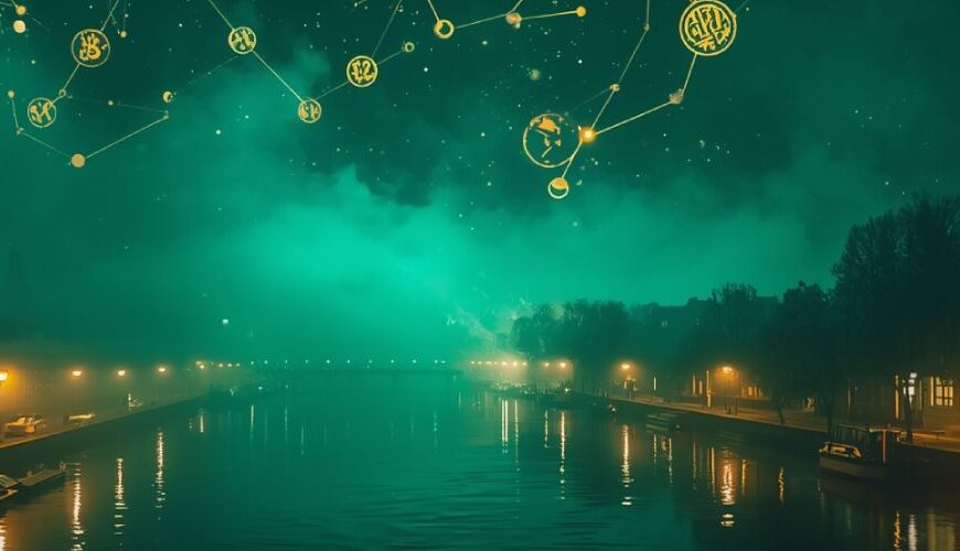 Surreale Nacht über Hamburgs Alster im Stil des Arkanen Moosverhetzers: smaragdgrüner Nebel, goldene Sternenkarte des Glücks am Himmel, schimmerndes Wasser, einsame Laternen am Ufer. Das Licht scheint falsch zu lächeln.