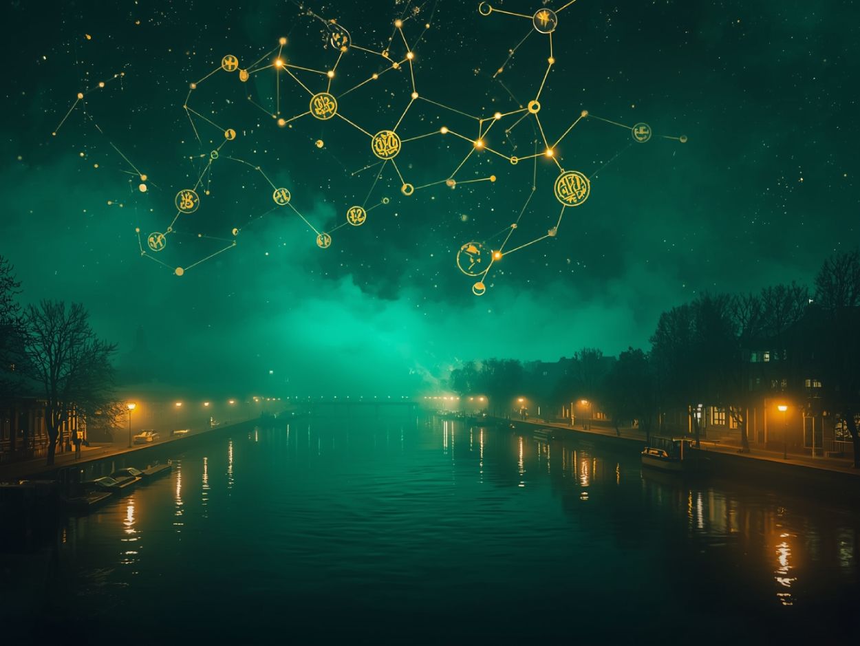 Surreale Nacht über Hamburgs Alster im Stil des Arkanen Moosverhetzers: smaragdgrüner Nebel, goldene Sternenkarte des Glücks am Himmel, schimmerndes Wasser, einsame Laternen am Ufer. Das Licht scheint falsch zu lächeln.