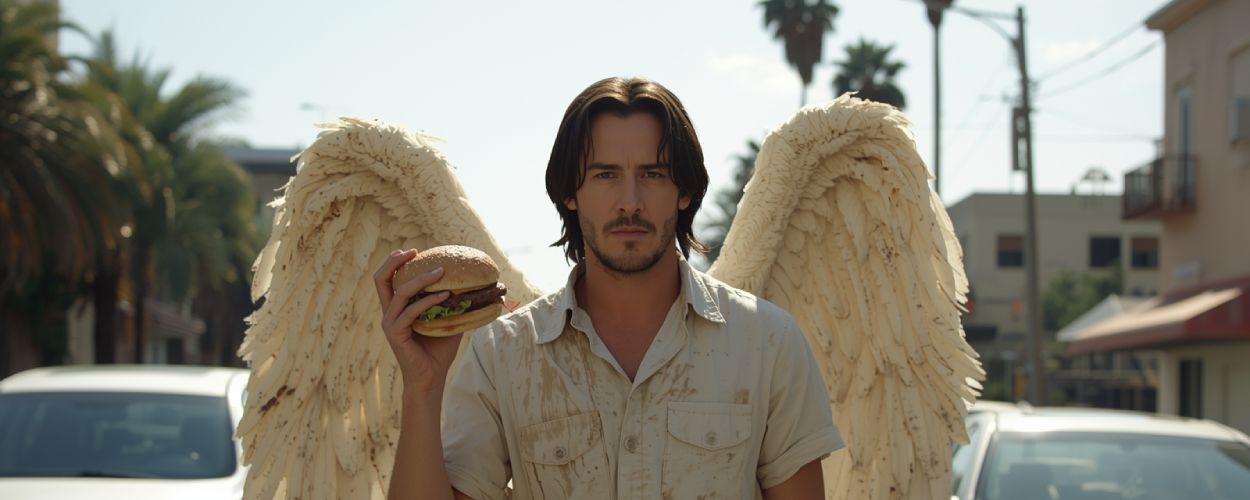 Keanu Reeves als himmlisch überforderter Engel steht in Los Angeles mitten im Verkehr und hält einen Burger in der Hand – Szene aus Good Fortune.
