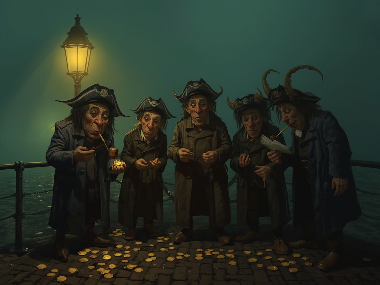 Fünf groteske Lotto-Kobolde mit Kapitänsmützen zählen goldene Münzen auf einem nebligen Kai in Hamburg. Gaslicht schimmert im Smaragdnebel, die Figuren wirken müde, verschlagen und feierlich zugleich – wie uralte Buchhalter des Glücks.