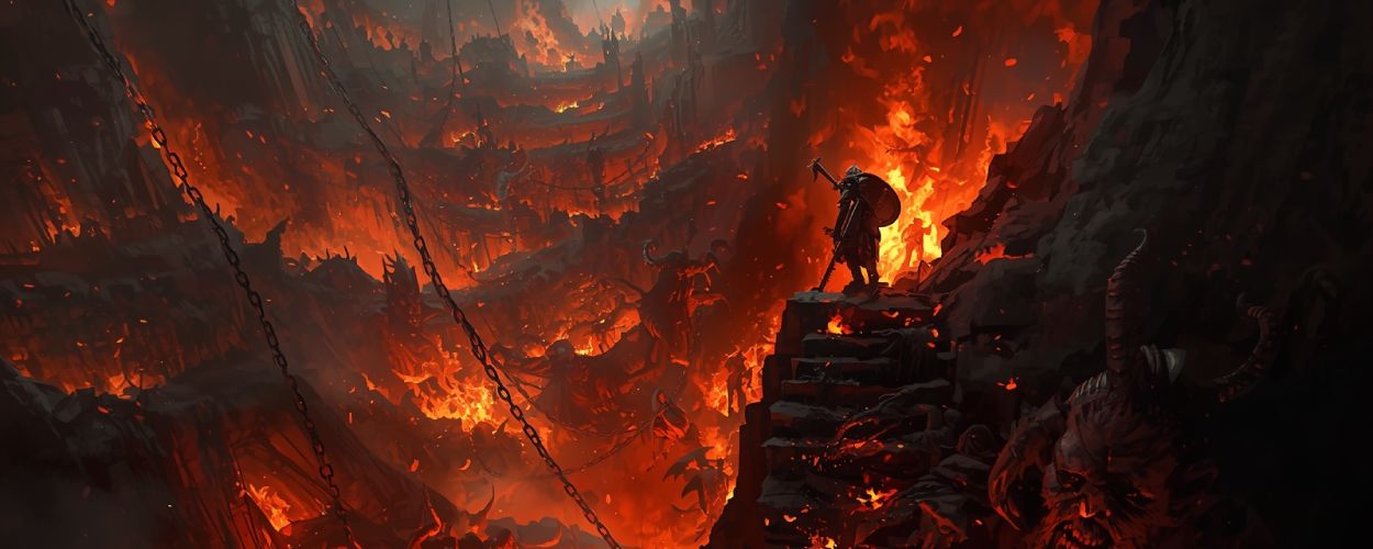 Ein einsamer Krieger steht über den brennenden Ebenen der Hölle, während Ketten, Dämonen und Feuerstürme die Finsternis erhellen – Szene aus Hell and Back.