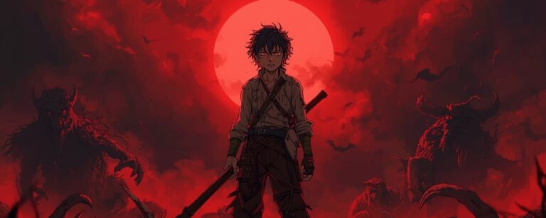 Düsteres Anime-Visual: Ein erschöpfter Gamer in Bauernkleidung steht mit zerbrochener Sense vor einem Blutmond, umgeben von Dämonen – Szene aus Hell Mode