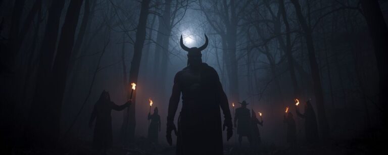 Silhouette von Hellboy mit Hörnern in nebligem Wald, umgeben von Hexen mit Fackeln – düstere Horror-Atmosphäre im Stil von The Crooked Man