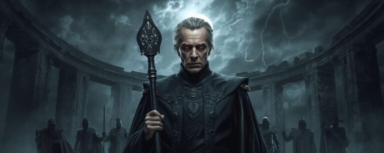 Jeremy Irons als finsterer Ordensführer in schwarzen Roben mit Stab, umgeben von Wächtern in Ruinen, während Blitze den Himmel zerreißen.