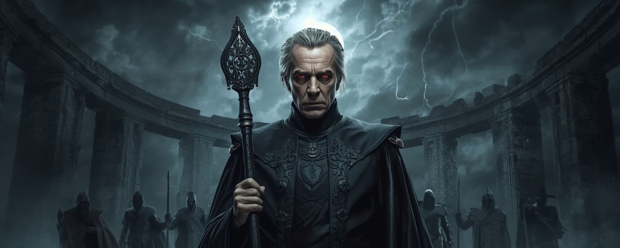 Jeremy Irons als finsterer Ordensführer in schwarzen Roben mit Stab, umgeben von Wächtern in Ruinen, während Blitze den Himmel zerreißen.