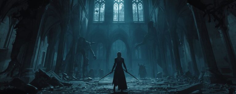 Eine Stalkerin mit zwei Klingen steht in einer zerstörten Kathedrale unter Mondlicht, während Schattenwesen sie umkreisen.