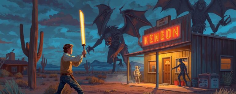 Ein Teenager mit leuchtendem Baseballschläger stellt sich in einer 80er-Neonstadt einer Horde Schattenwesen – Szene aus Kingdom of Night.