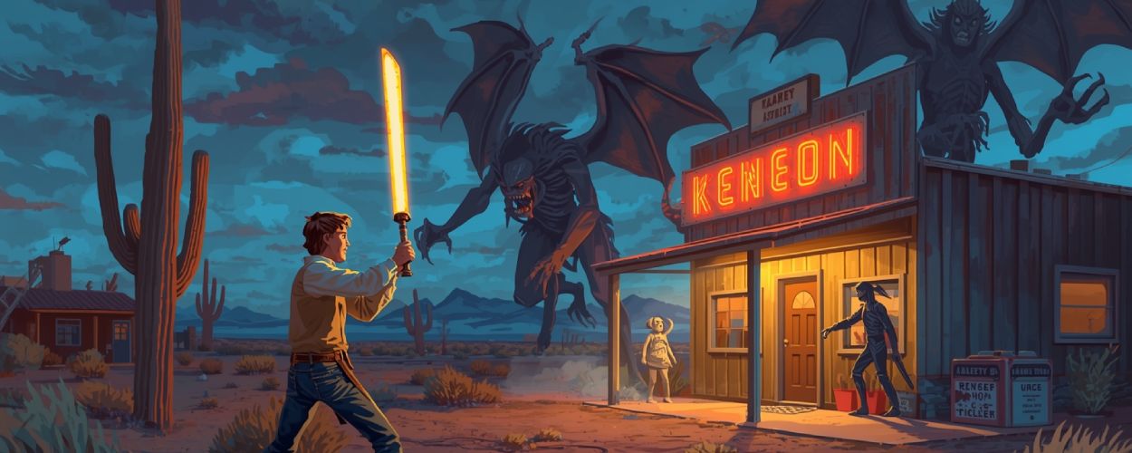 Ein Teenager mit leuchtendem Baseballschläger stellt sich in einer 80er-Neonstadt einer Horde Schattenwesen – Szene aus Kingdom of Night.