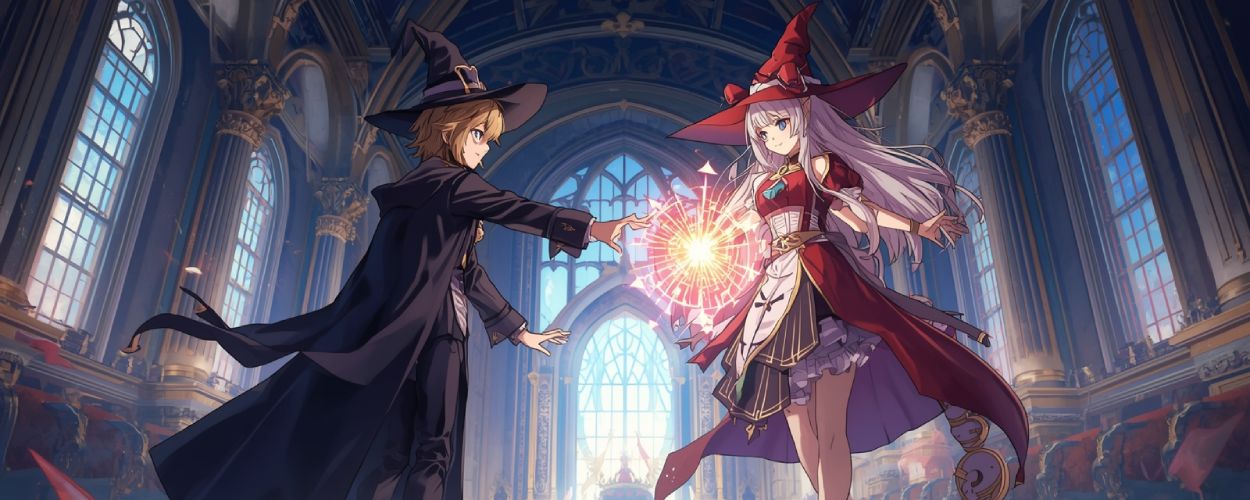 Eine Hexe überträgt ihre Magie auf ihren Schüler in einer strahlenden Akademiehalle – Szene aus King’s Proposal.