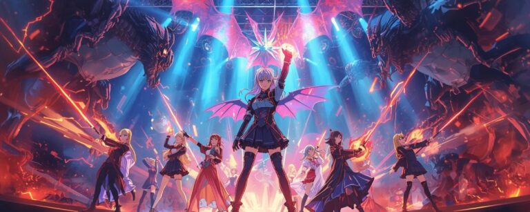 Eine KPop-Band mit dämonischen Flügeln kämpft auf einer grell beleuchteten Bühne gegen feuerspeiende Drachen – Szene aus dem Fantasyfilm KPop Demon Hunters.