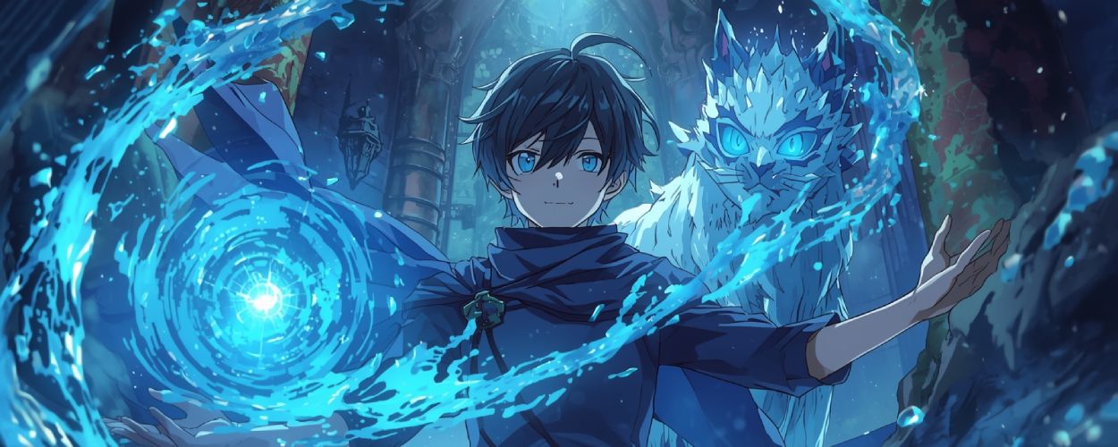 Anime Illustration: Kunon, der junge blinde Magier, beschwört mit Wassermagie ein leuchtendes Portal, während eine eisige Katzenbestie mit glühenden Augen an seiner Seite steht – Szene aus Kunon the Sorcerer Can See