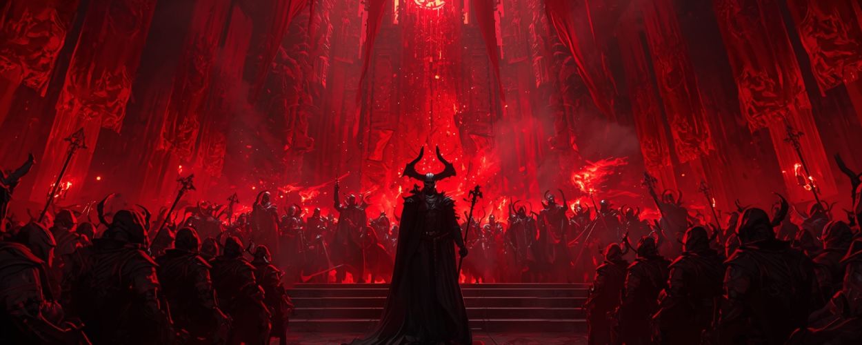 Ein dämonischer Kriegsherr thront in einem feuerroten Saal, umgeben von seinen Legionen – Keyvisual zum Fantasyspiel Lords of Ravage.