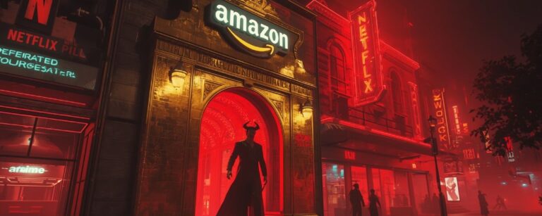 Lucifer tritt aus einem goldenen Amazon-Gebäude hinaus in eine rot glühende Netflix-Straße – der Teufel wechselt den Streamingdienst.