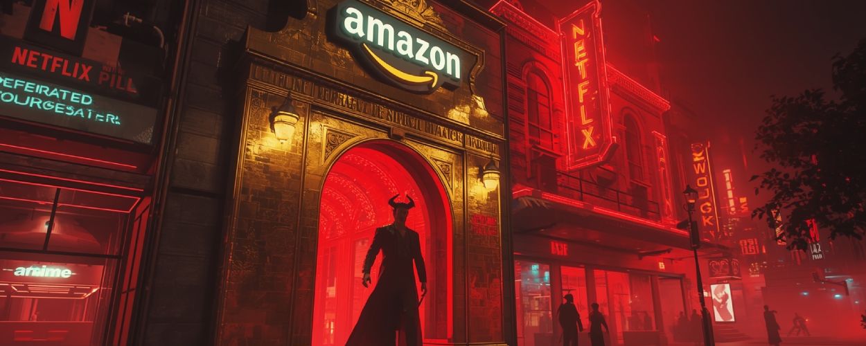 Lucifer tritt aus einem goldenen Amazon-Gebäude hinaus in eine rot glühende Netflix-Straße – der Teufel wechselt den Streamingdienst.