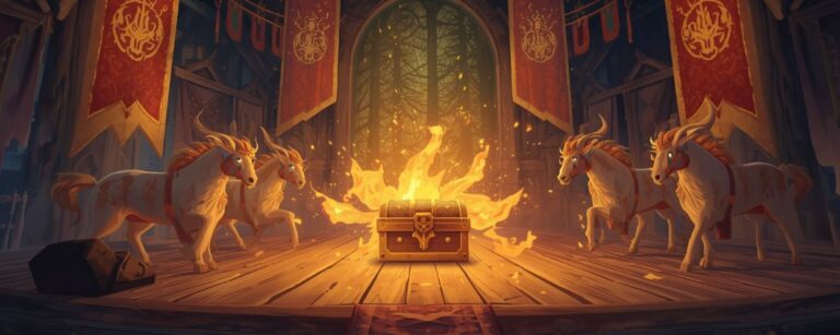 Eine brennende Schatztruhe auf einer Bühne, umgeben von Bannern und mystischen Pferden – Symbol für die „besondere Nachricht“ zu Metaphor ReFantazio.