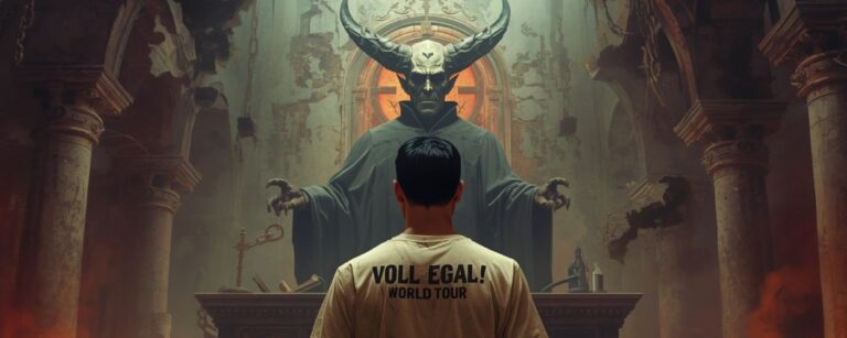 Ein Mann steht mit einem T-Shirt mit der Aufschrift „VOLL EGAL! WORLD TOUR“ in einer brennenden Gerichtshalle der Hölle, vor ihm ein gigantischer Dämonenrichter auf seinem Thron.