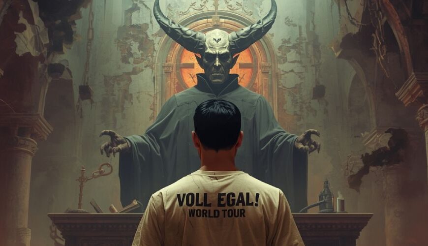 Ein Mann steht mit einem T-Shirt mit der Aufschrift „VOLL EGAL! WORLD TOUR“ in einer brennenden Gerichtshalle der Hölle, vor ihm ein gigantischer Dämonenrichter auf seinem Thron.