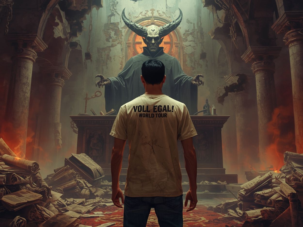 Ein nächtlicher Straßenzug verformt sich unter flackerndem Licht; Häuser wirken lebendig, während eine einsame Gestalt mit Aktenmappe im Schatten steht – satirische Darstellung des flackernden Stadtbilds als metaphysische Wahrnehmungsstörung.