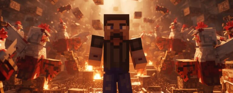 Jack Black als Minecraft-Held ruft „Chicken Jockey!“ auf einem leuchtenden Schlachtfeld voller Hühner und Würfel – Szene aus Ein Minecraft Film.