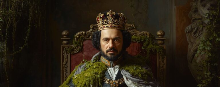 Ein majestätischer Mann mit Krone sitzt auf einem barocken Thron, sein Gewand von Moos überwuchert. Er trägt ein tiefblaues Gewand mit goldenen Stickereien, umhüllt von einem moosgrünen Mantel. Im Hintergrund ein verfallener Saal mit wuchernder Vegetation. Das Bild zeigt Lowwig vom Moos, den vergessenen Mooskönig von Bayern.