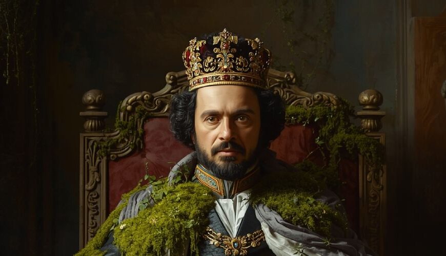 Ein majestätischer Mann mit Krone sitzt auf einem barocken Thron, sein Gewand von Moos überwuchert. Er trägt ein tiefblaues Gewand mit goldenen Stickereien, umhüllt von einem moosgrünen Mantel. Im Hintergrund ein verfallener Saal mit wuchernder Vegetation. Das Bild zeigt Lowwig vom Moos, den vergessenen Mooskönig von Bayern.