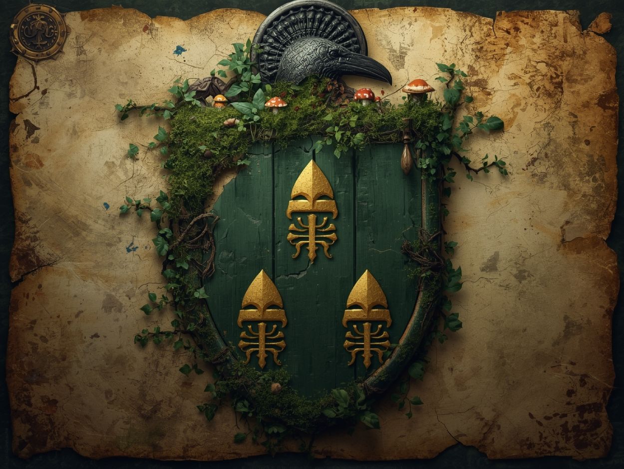 Fragmentiertes Wappen auf gealtertem Pergament: Drei goldene Sporenhelme auf moosgrünem Schild, umwuchert von Efeu, Pilzen und Ranken. Oben eine stilisierte Krähenmaske aus Eisen, darunter das lateinische Motto „In silva veritas“. Das Wappen wird dem sogenannten König Lowwig vom Moos zugeschrieben – einer mutmaßlich verdrängten Identität Ludwigs II. von Bayern.