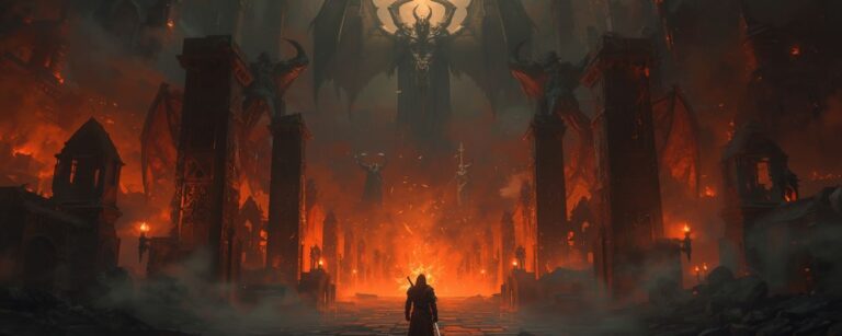 Eine Kriegerin steht vor brennenden Ruinen, während sich im Hintergrund riesige Dämonen und göttliches Licht mischen – Szene aus Mythrealm.