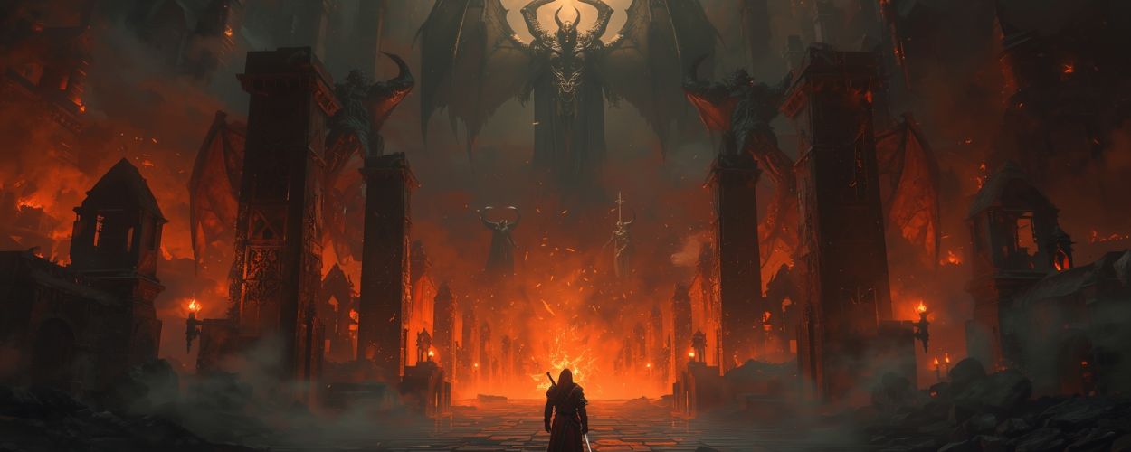 Eine Kriegerin steht vor brennenden Ruinen, während sich im Hintergrund riesige Dämonen und göttliches Licht mischen – Szene aus Mythrealm.