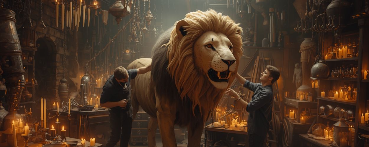 Zwei Künstler arbeiten in einer Werkstatt voller Kerzen an einem lebensechten Löwen aus Mechanik und Stoff.