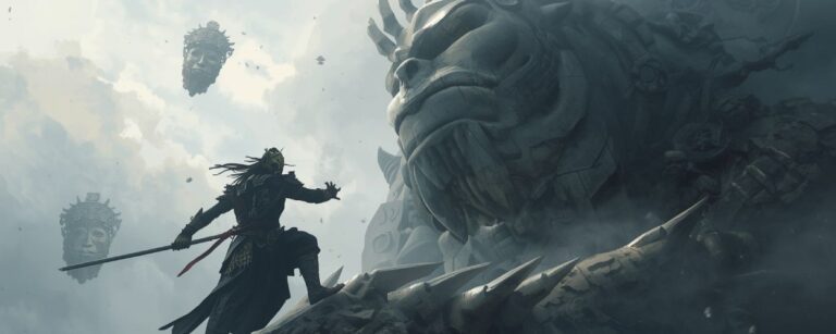 Ein maskierter Krieger steht auf einem uralten steinernen Koloss, während über ihm schwebende Masken im Nebel kreisen.