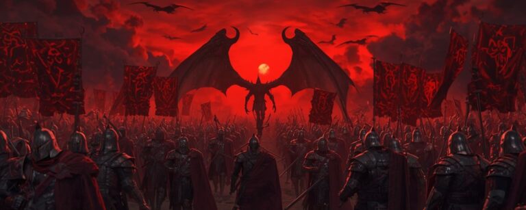 Eine Armee aus schwarzen Rittern marschiert unter blutrotem Himmel, angeführt von einem geflügelten Dämon – Symbolbild für den globalen Start des Dark Fantasy MMORPGs Raven2.