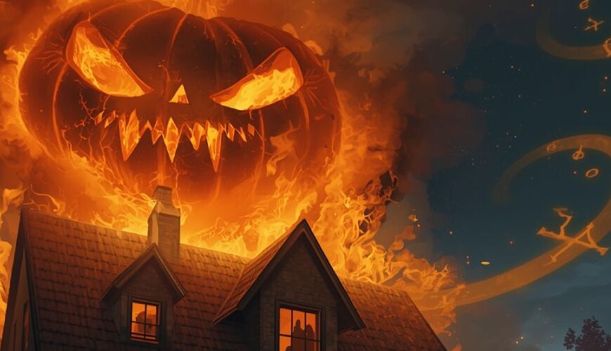 Ein brennendes Haus in Remscheid mit einem riesigen flammenden Kürbis über dem Dach – ein Mann mit Laterne steht davor, während im Inneren robed figures Rituale vollziehen. Symbol des Feuerbundes von Remscheid.