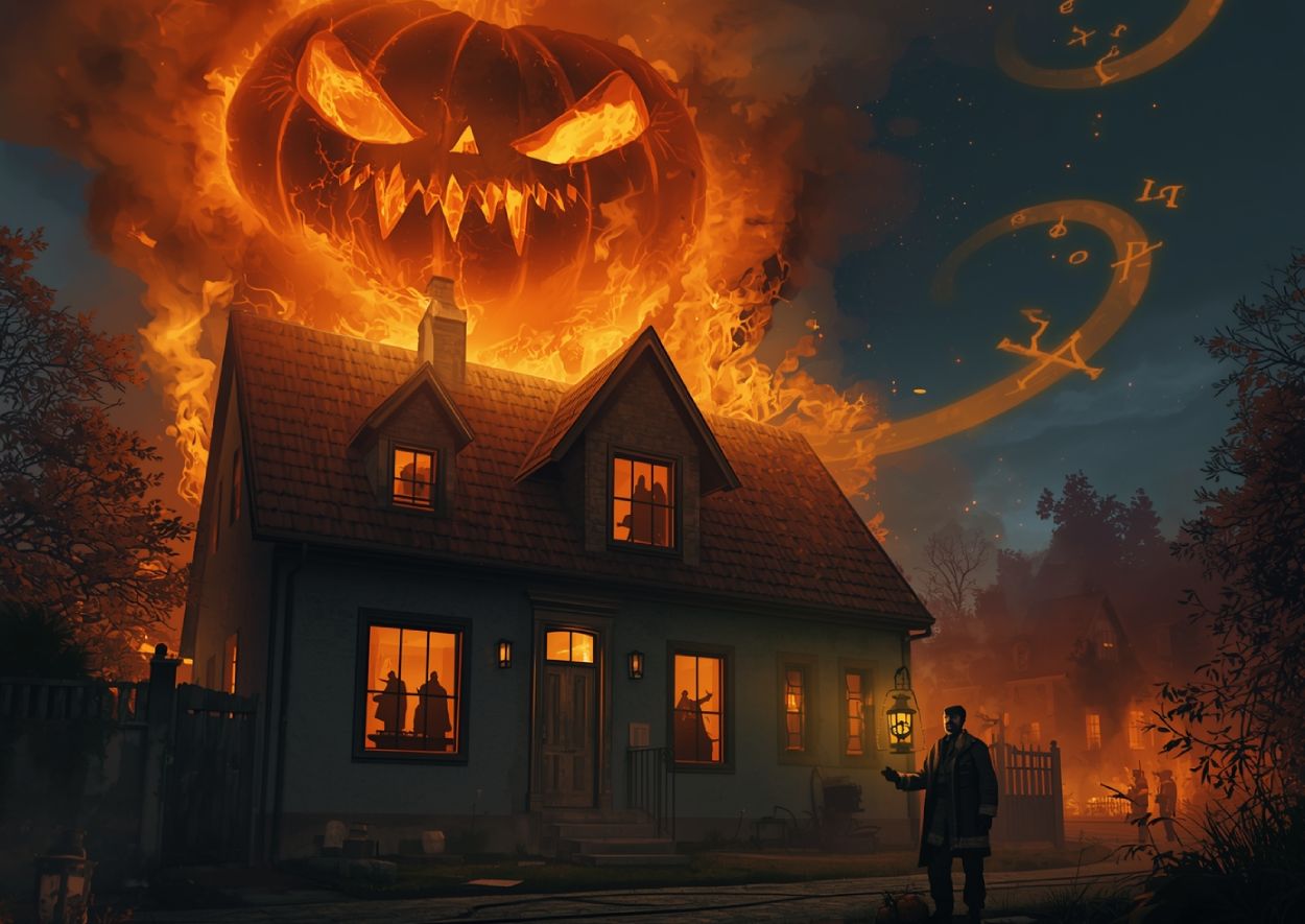 Ein brennendes Haus in Remscheid mit einem riesigen flammenden Kürbis über dem Dach – ein Mann mit Laterne steht davor, während im Inneren robed figures Rituale vollziehen. Symbol des Feuerbundes von Remscheid.
