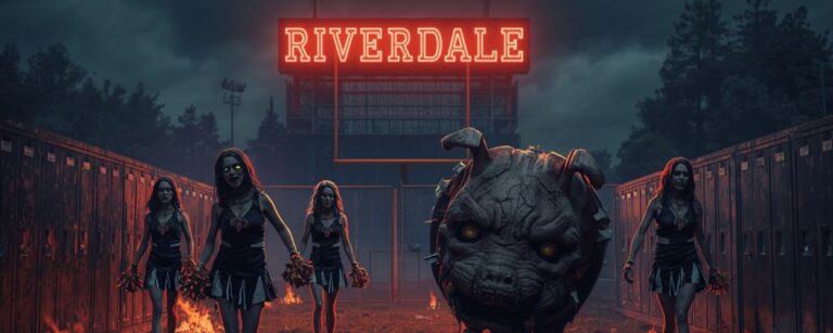 Zombie-Cheerleader mit glühenden Augen marschieren über ein brennendes Footballfeld, begleitet von einem monströsen Bulldoggen-Maskottchen – Riverdale als apokalyptischer Fantasy-Horror.