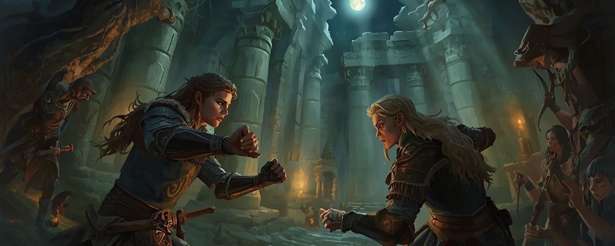 Zwei Kriegerinnen in alter Rüstung kämpfen inmitten einer mondbeschienenen Ruinenhalle, während ihre Gefährten im Schatten zuschauen – Szene aus dem neuen Soulframe-Update.