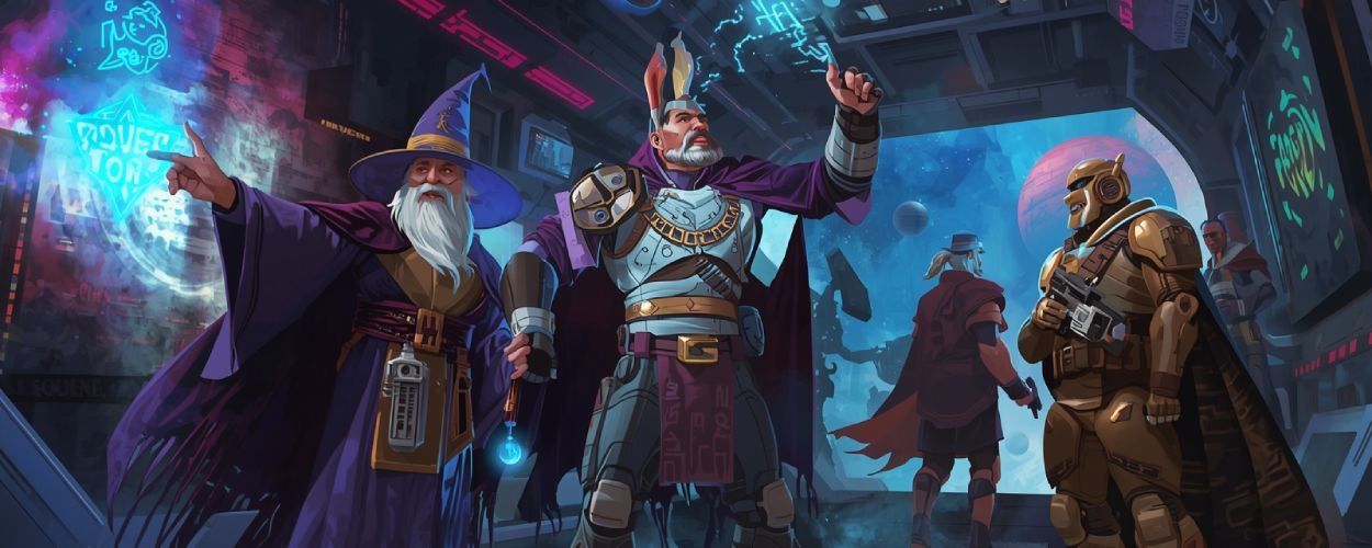 Zauberer und Cyborgs diskutieren an Bord eines Raumschiffs, während holografische Memes in Neonfarben aufleuchten und Planeten im Hintergrund schweben.